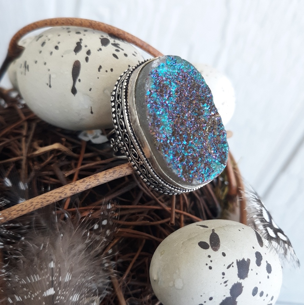 New Titanium Druzy 925 Silver Ring.